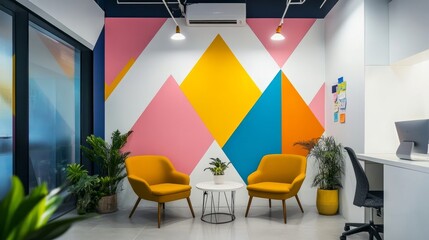 Poster - Fresh and bold office look with vivid geometric mural, minimalist white decor, and yellow accent chairs