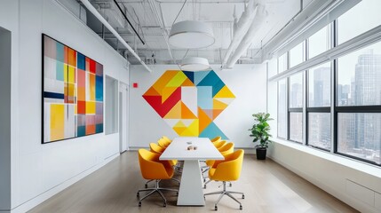 Poster - Fresh and bold office look with vivid geometric mural, minimalist white decor, and yellow accent chairs
