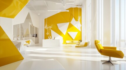 Poster - Innovative workspace with pops of yellow, geometric art installations, and smooth modern furnishings in white space