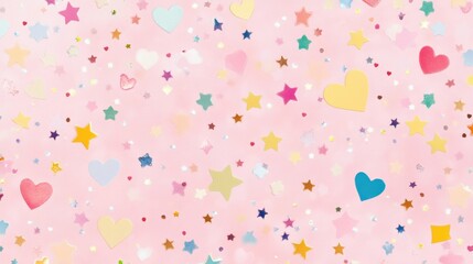 Aufkleber - Colorful sticker hearts, stars, and sparkles are scattered across a soft pastel pink background creating a dreamy and cute atmosphere
