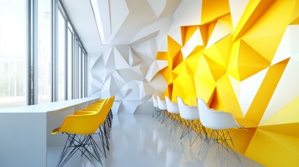 Poster - Sleek office design with vibrant yellow chairs, white surfaces, and striking geometric mural for a creative atmosphere