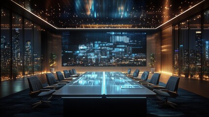 Poster - A modern conference room with a sleek table, ergonomic chairs, and a stunning city skyline visible through large glass windows.