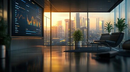 Poster - A modern office interior featuring a large screen displaying data, sleek furniture, and a city skyline view illuminated by sunset.