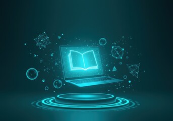 Wall Mural - Glowing book on laptop with geometric decorations
