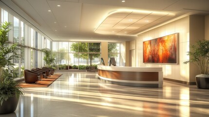 Poster - A modern lobby featuring large windows, plants, and contemporary furniture, creating a bright and inviting atmosphere.