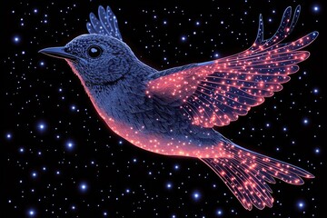 Wall Mural - bird in flight with glowing wings against the backdrop of a star-filled night sky