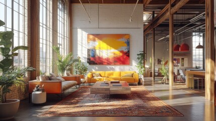 Poster - a bright, modern living space featuring large windows, vibrant art, and stylish furniture, creating 