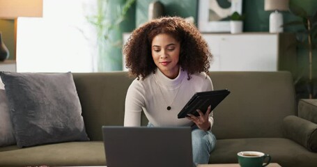 Poster - Woman, home and tablet on sofa with laptop for social media or online ebook or networking for fun. Lady, living room and internet or mobile app for entertainment, communication and post with reading