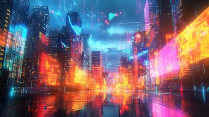 Poster - a vibrant, futuristic cityscape illuminated by colorful digital lights, reflecting on wet streets un