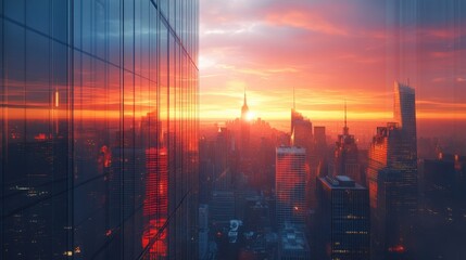 Poster - a stunning sunset illuminates the skyline, reflecting off glass buildings in a vibrant display of or