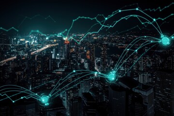 Poster - A futuristic city skyline illuminated at night, enhanced with digital graphs and data visualizations, conveying themes of technology and urban development.