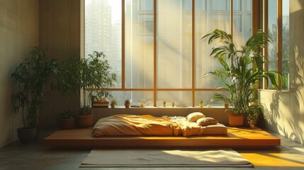 Poster - A serene bedroom with natural light, featuring a wooden platform bed surrounded by lush green plants and large windows.