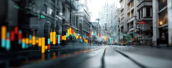 Poster - A futuristic cityscape with financial data overlays, showcasing tall buildings and vibrant colors representing market trends.