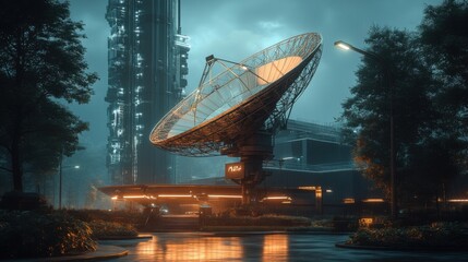 Poster - A futuristic satellite dish illuminates a high-tech urban landscape, surrounded by lush greenery and towering structures under a moody sky.