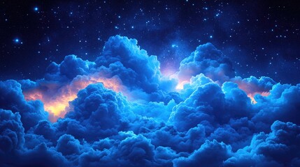Wall Mural - ethereal clouds bathed in blue light, with a hint of warm radiance behind them. starry sky above