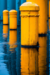 Poster - Vibrant yellow pillars reflected in water urban setting photography colorful environment low angle abstract art
