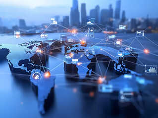 Poster - Global connectivity and data networks urban landscape infographic digital environment aerial view technology trends