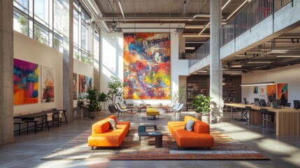 Poster - a modern office space featuring vibrant artwork, cozy seating, and large windows, creating a bright 