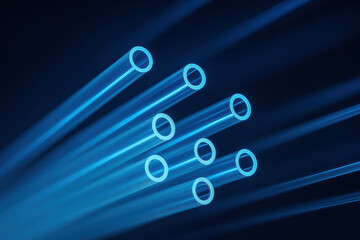 Fototapete - Glowing fiber optic cables illuminated in blue, symbolizing modern communication technology