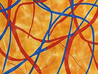 Poster - Whimsical Abstract Design with Playful Red and Blue Lines on Orange Canvas