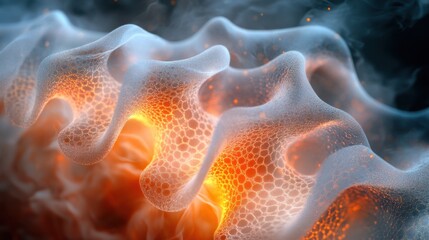 Poster - an abstract image showcasing fluid, glowing shapes with a mix of orange and blue tones, creating a m