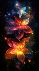 Wall Mural - three glowing, colorful floral forms emerge amidst cosmic dust, creating a vibrant, celestial specta