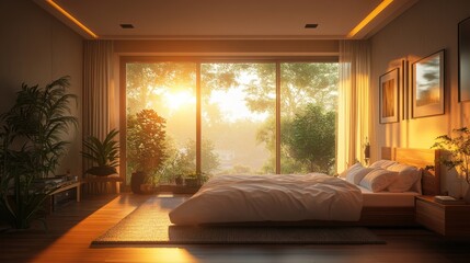 Poster - A cozy bedroom bathed in warm sunlight, featuring a large window, plants, and modern decor, creating a serene atmosphere.