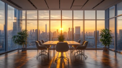 Poster - A modern office with a panoramic view of a city skyline at sunset, featuring a conference table and plants for a vibrant atmosphere.