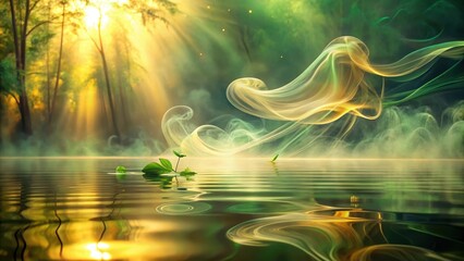 Wall Mural - Serene Aquatic Scene Sunlit Forest Reflections and Ethereal Smoke Trails on Still Water