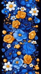 Sticker - Vibrant floral pattern with blue and orange roses, daisies, and other blooms on a dark background
