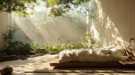 Poster - A serene, sunlit bedroom surrounded by lush greenery, featuring a minimalist design and natural elements, creating a tranquil atmosphere.
