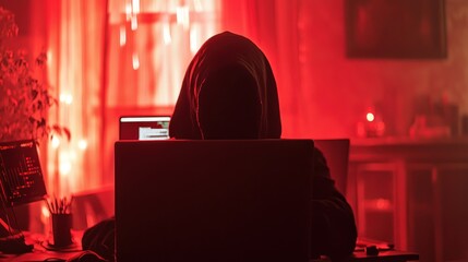 Poster - Sinister hooded figure engrossed in digital activity under intense red ambiance