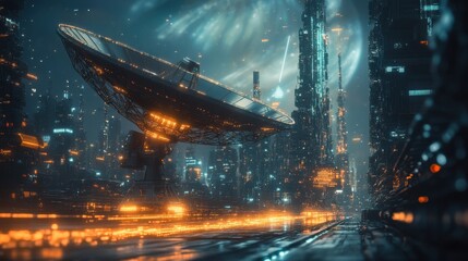 Poster - A futuristic cityscape featuring a large satellite dish, illuminated by vibrant lights and a dramatic sky, evoking a sense of advanced technology and exploration.