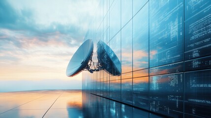 Poster - A futuristic satellite dish connected to a sleek glass building, reflecting a vibrant sunset with a digital backdrop.