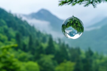 Fototapete - Transparent droplet reflects mountain landscape and forest in macro detail showcasing natures beauty