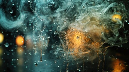 Poster - A mesmerizing blend of water droplets and ethereal smoke, illuminated by soft light, creating a captivating, moody atmosphere.