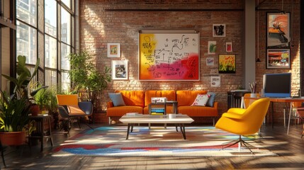 Poster - A vibrant, modern living space featuring an orange sofa, artwork, plants, and a cozy atmosphere with ample natural light.