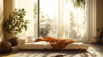 Poster - A serene, sunlit room featuring a cozy mattress, lush greenery, and soft curtains, creating a peaceful and inviting atmosphere.