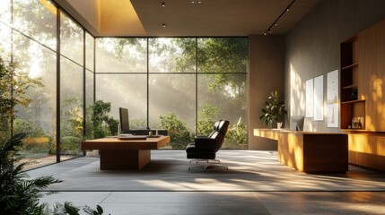 Poster - A modern office design featuring large windows, natural light, and greenery, creating a serene and productive work environment.