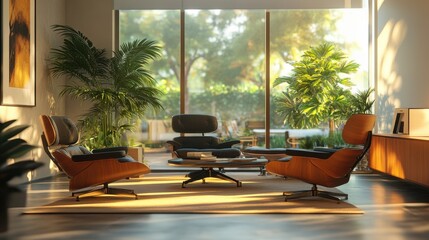 Poster - A modern, stylish living room featuring two elegant chairs, a coffee table, and lush greenery, illuminated by natural light from large windows.