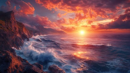 Poster - a breathtaking sunset illuminates the ocean, casting vibrant colors across waves crashing against ru