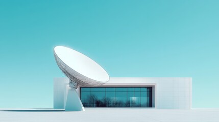 Poster - A modern building featuring a large satellite dish against a clear blue sky, highlighting sleek architecture and advanced technology.