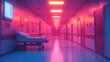 © cusniatul - Empty hospital corridor, neon lights, patient bed, night