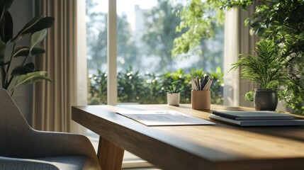 Poster - A serene home office space featuring a wooden desk, stationery, and plants, with natural light streaming through large windows.