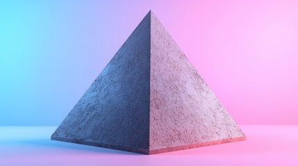 Poster - A geometric pyramid structure with a textured surface, illuminated by vibrant blue and pink lighting against a soft gradient backdrop.