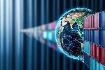 Poster - A digital representation of Earth connected to shipping containers, symbolizing global trade and technology's impact on logistics.