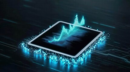 Poster - A futuristic digital display shows fluctuating data trends, surrounded by glowing particles, symbolizing technology and innovation.
