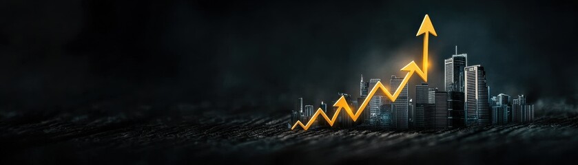 Poster - A dark city skyline with a rising yellow arrow symbolizes growth and progress in business or finance.