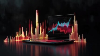 Poster - A vibrant digital representation of sound waves emanating from a laptop, showcasing a dynamic analysis of audio frequencies.