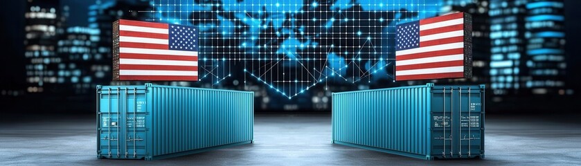 Poster - A digital representation of shipping containers with American flags, set against a backdrop of a modern city and a global network theme.